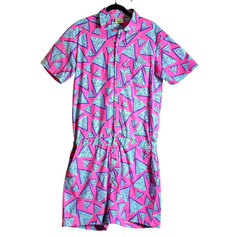 Zesties Men's Romper Retro 80's Geometric Colorful Pink Sz Large